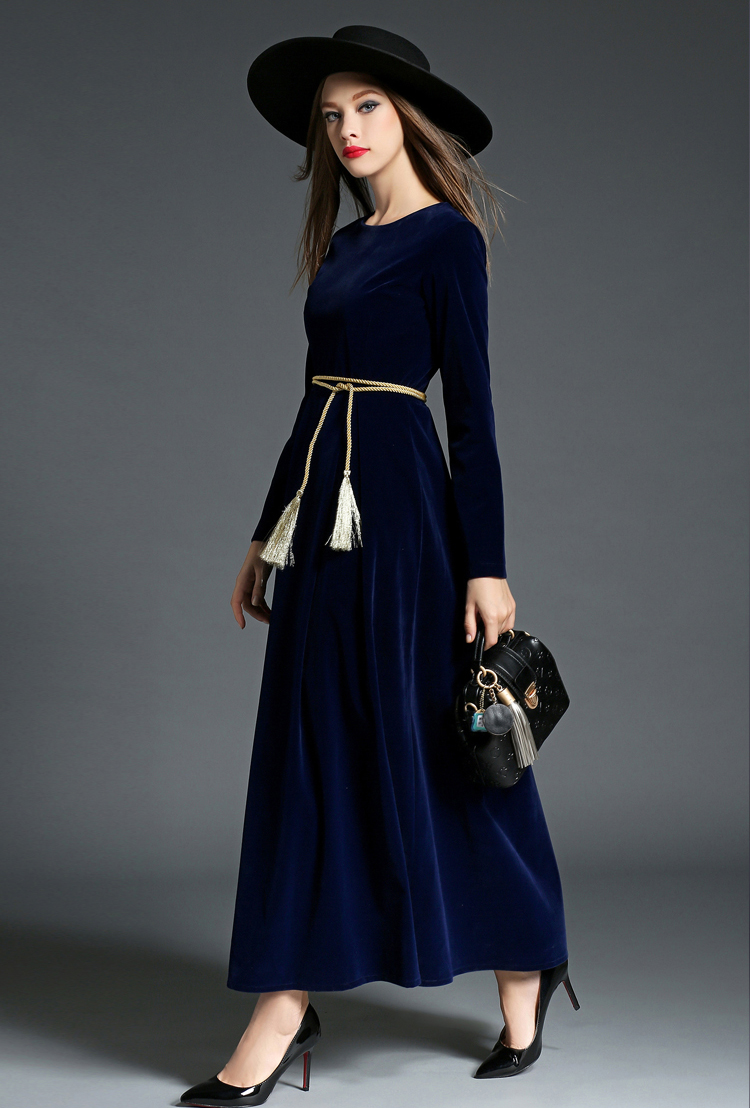 SZ60040-3 Retro Vintage Dark Blue Velvet Dress Women Long Sleeve Collar Dresses